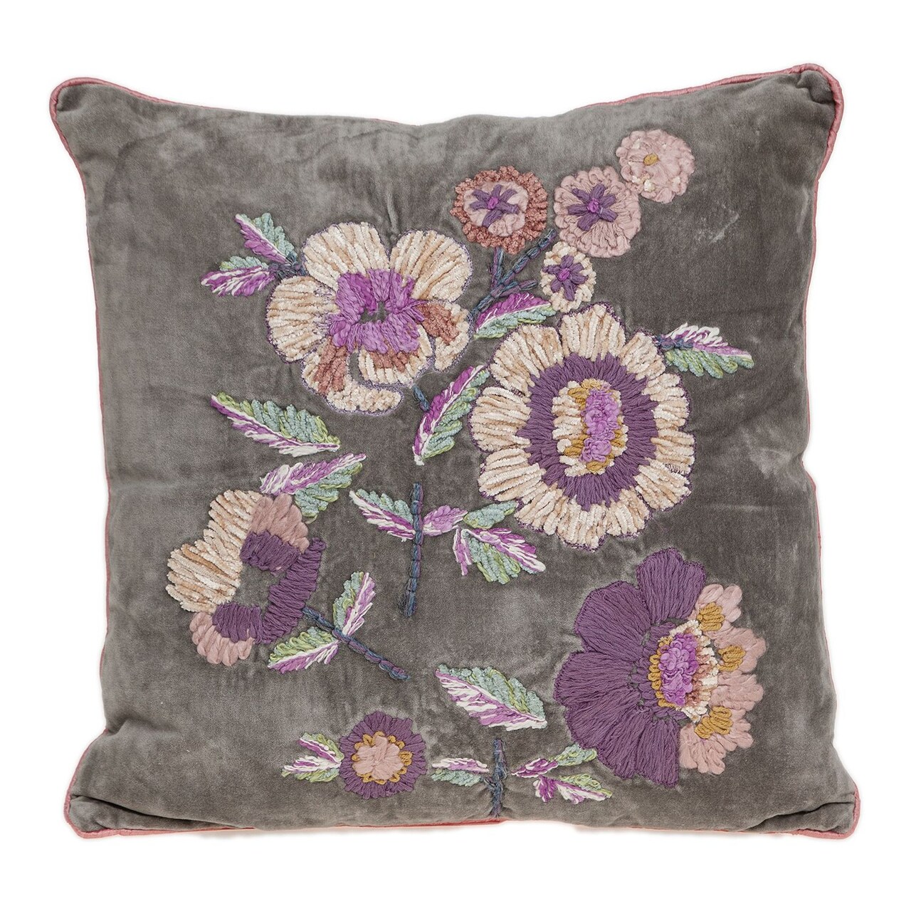 Nassau Collection 18" Beige and Pink Floral Embroidered Square Throw Pillow